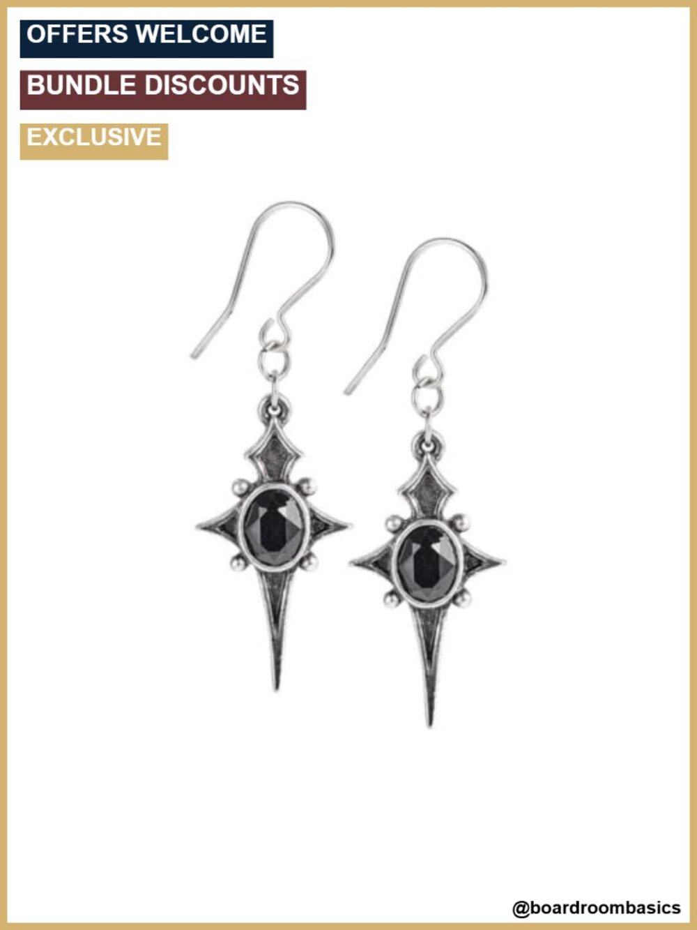 Gothic Pewter Star Dangle Earrings with Black Austrian Crystal, Surgical Steel